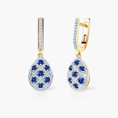 Kolczyki Savicki: dwukolorowe złoto, niebieskie szafiry, diamenty